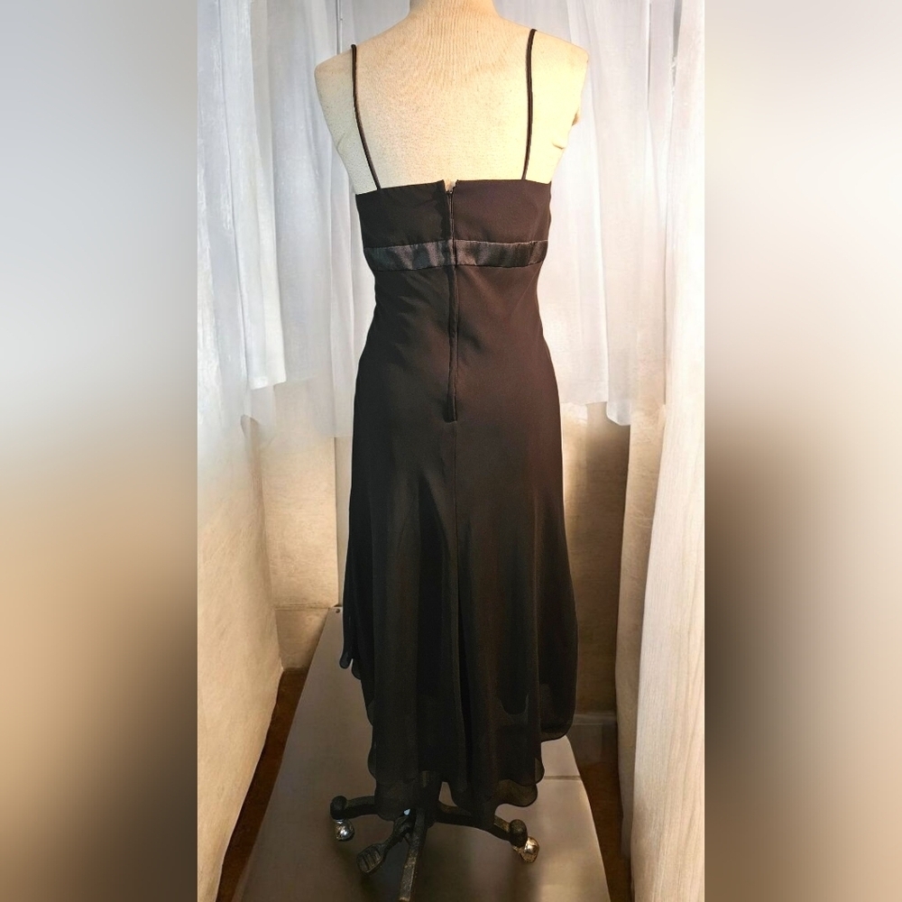 Black Asymmetrical Dress. Satin Waist. Flowy Hem. Size 8. Spaghetti Staps - Picture 7 of 7